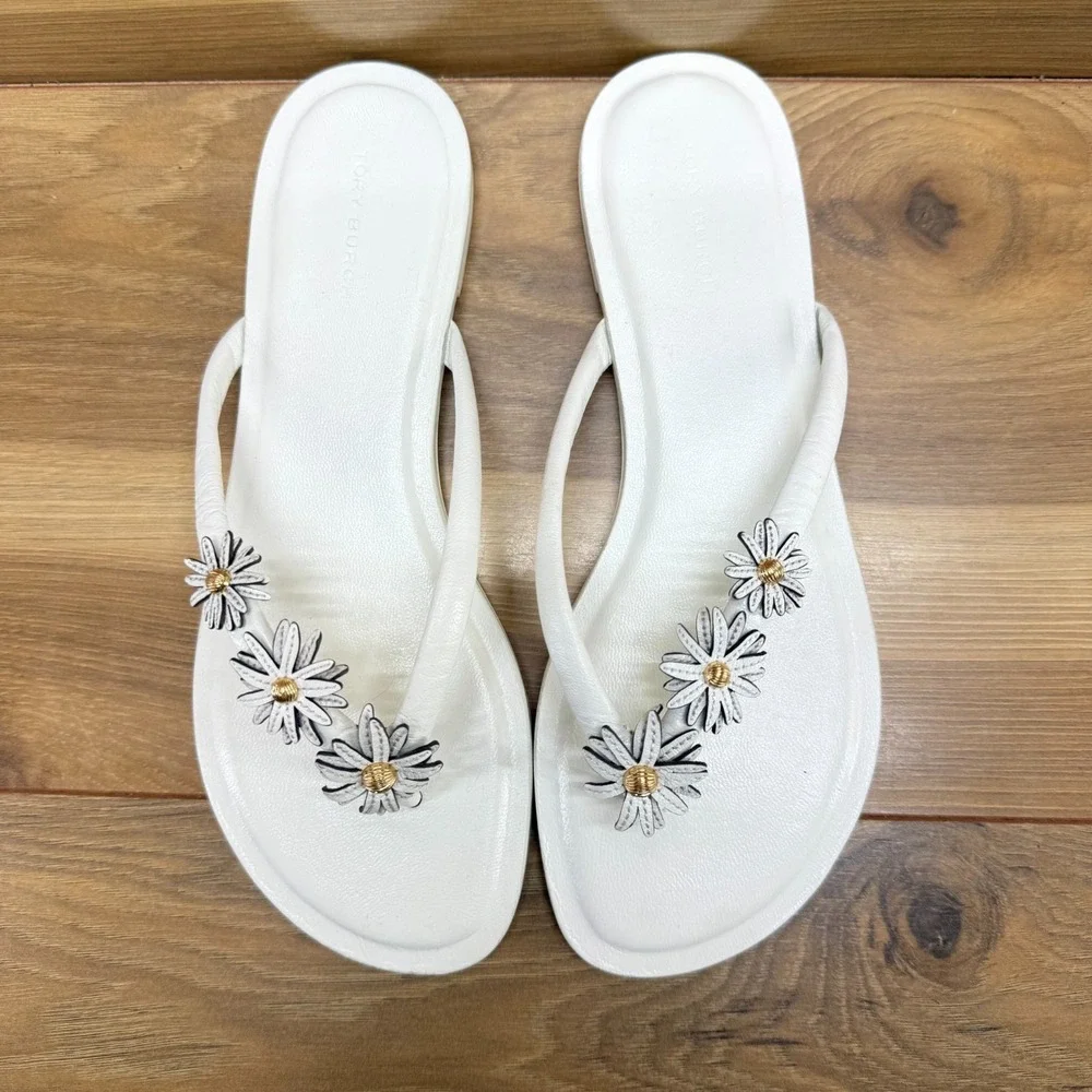 Tory Burch Flower Applique Flip Flops Womens 7 Cream White Leather Thong Preppy